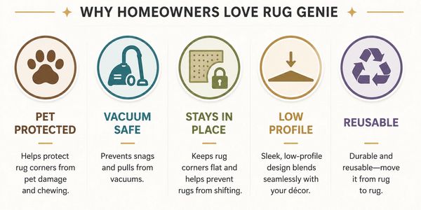 Homeowners love Rug Genie for pet protection, vacuum safety, staying in place, low profile, and reusability.