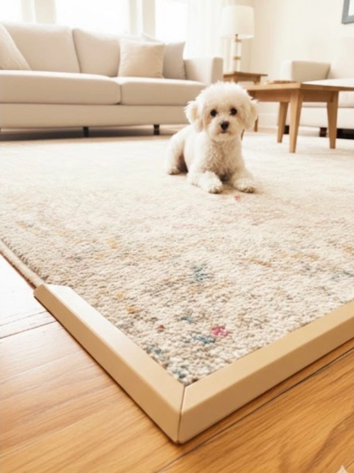 Small white dog lying on a beige patterned rug in a modern living room.