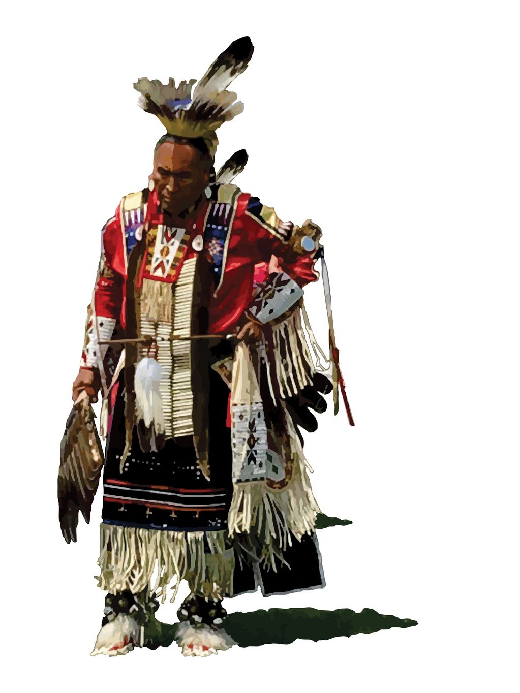 Native American man in traditional ceremonial attire with feathers and beadwork.