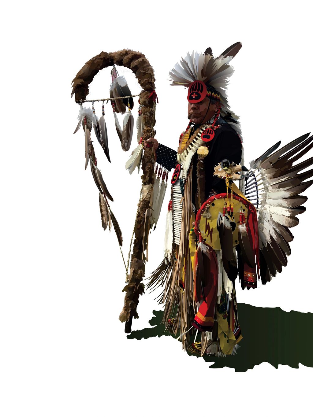 Native American man in traditional regalia with feathers and ceremonial staff.