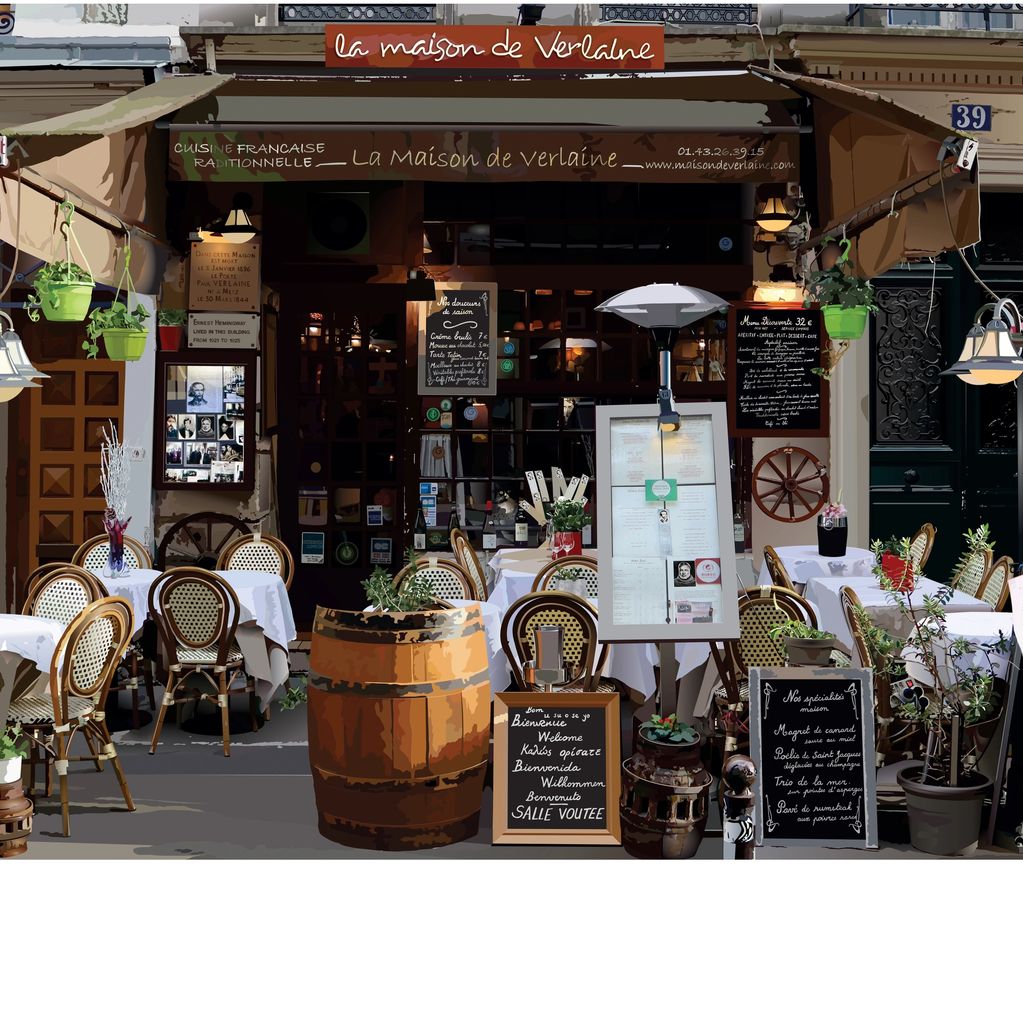 Outdoor seating at La Maison de Verlaine, a French restaurant with a cozy ambiance.