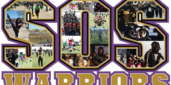Collage of SOS Warriors marching band and performers in action.
