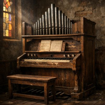 Old wooden pipe organ in a rustic room.