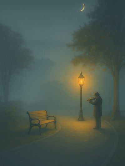 Man plays violin under streetlamp on a foggy night.
