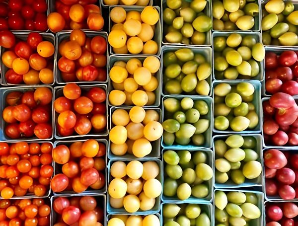 Baskets of red, yellow, and green tomatoes.
