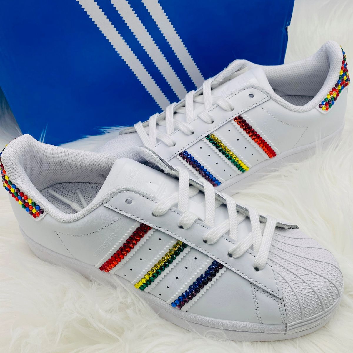 Swarovski Bling Adidas Superstar Shoes - All White - Rainbow Stripes