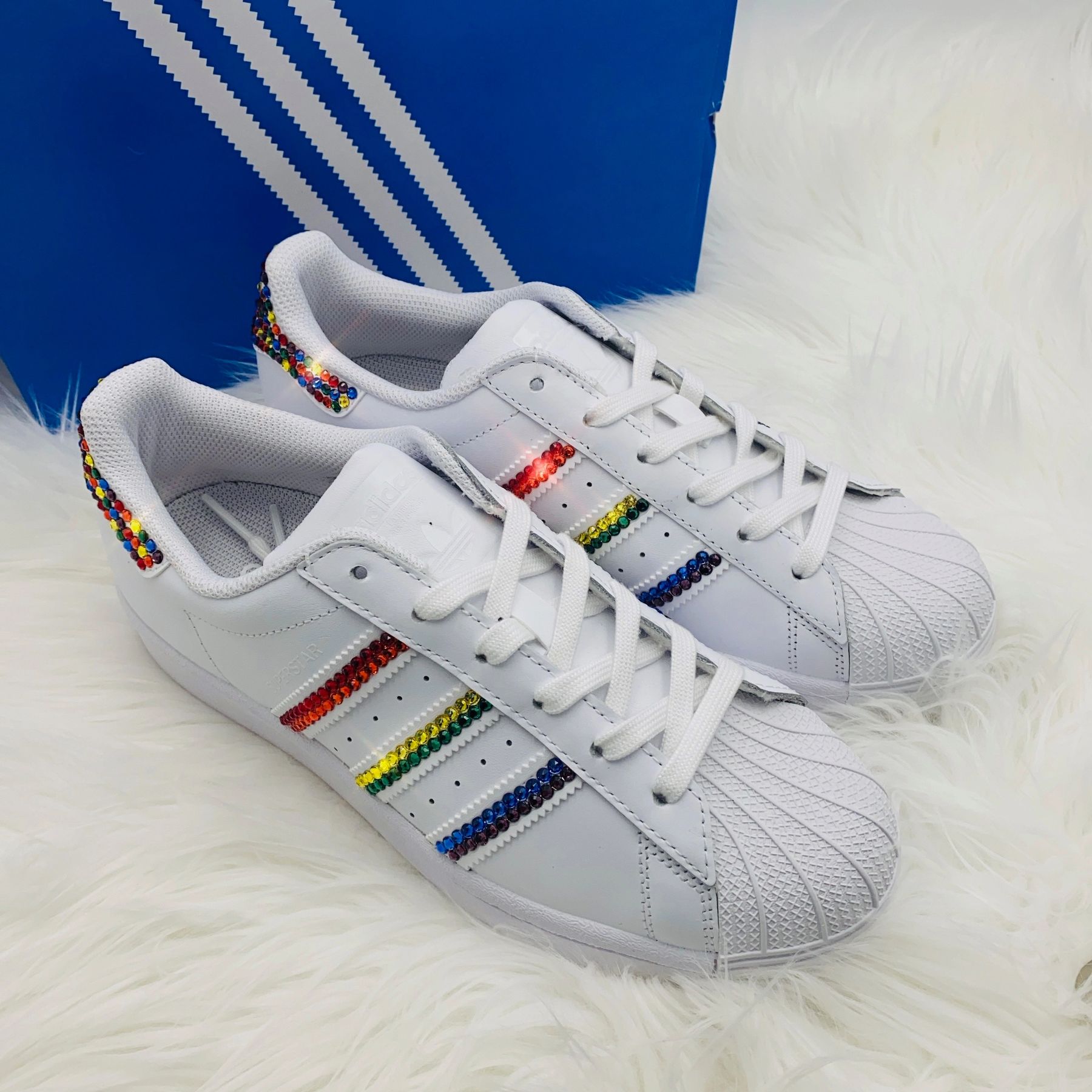 Swarovski Bling Adidas Superstar Shoes - All White - Rainbow Stripes