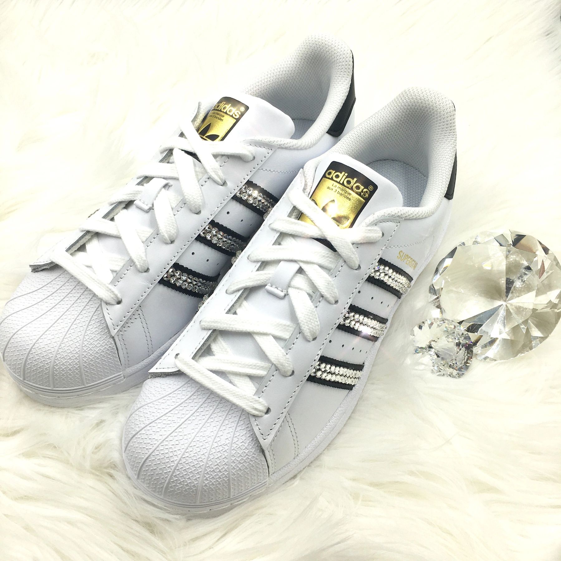 Swarovski Bling Adidas Superstar Shoes -White & Black