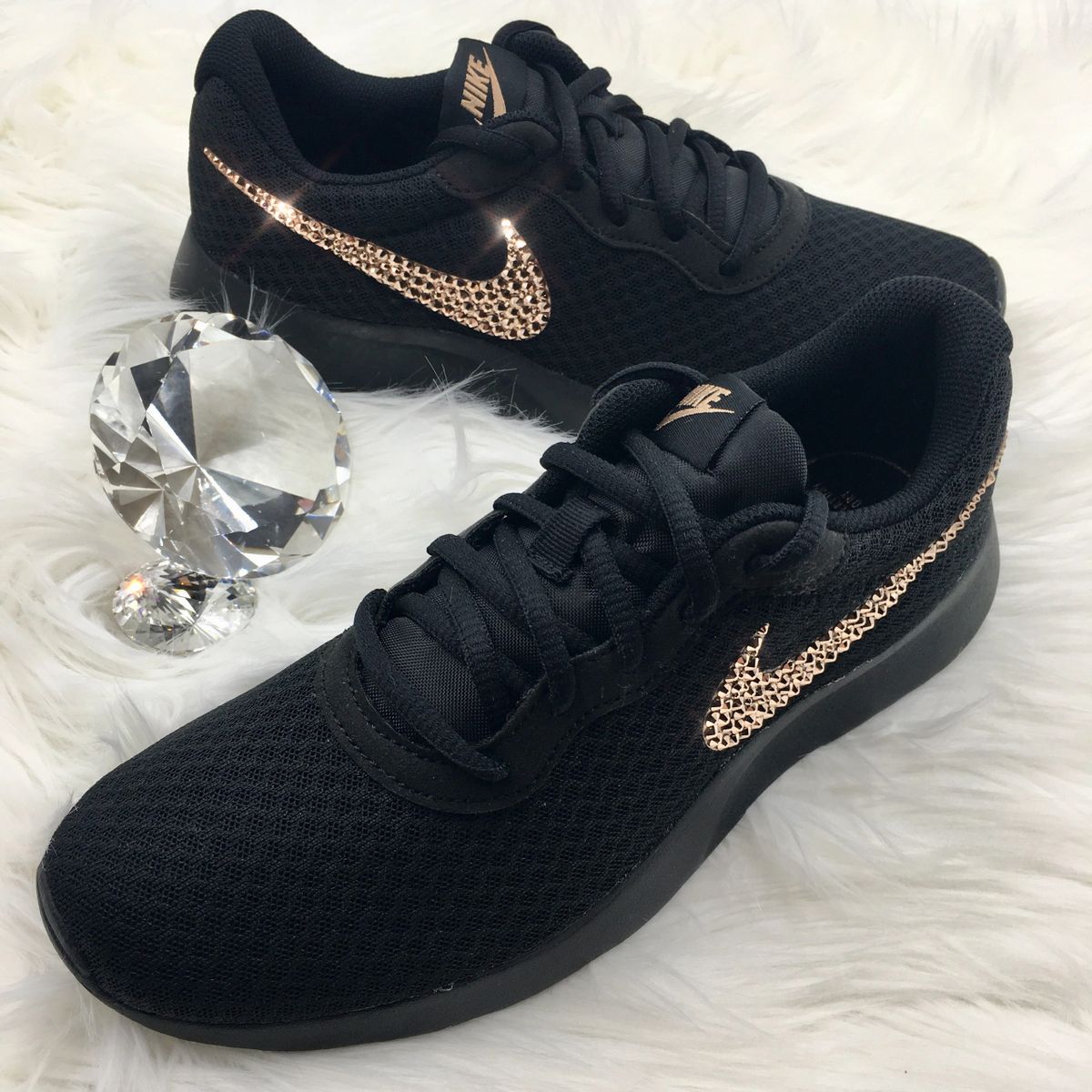 Swarovski Bling Nike Tanjun - All Black with Rose Gold Crystals