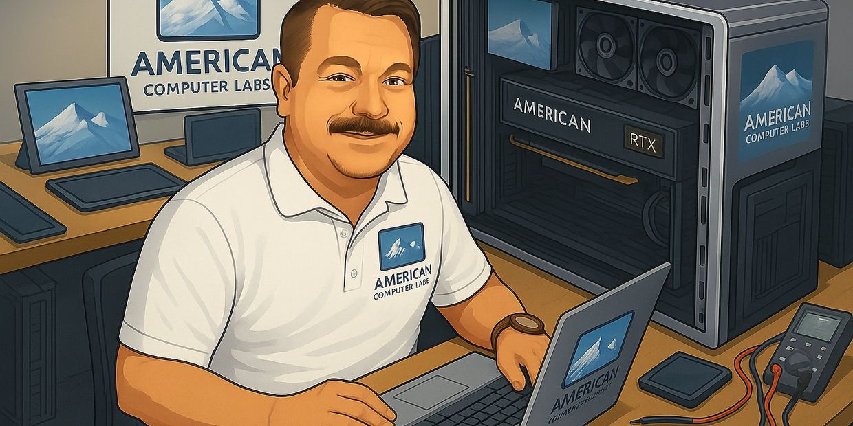 Man working at a computer desk with American Computer Labs logos.