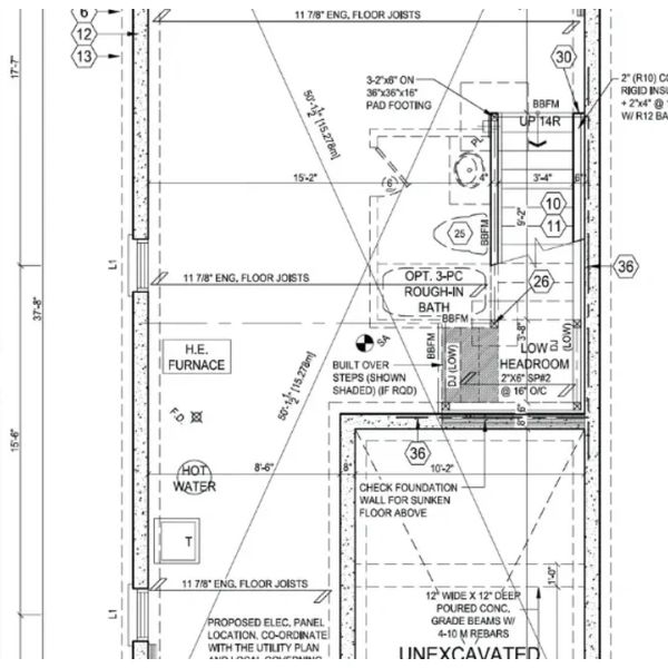 Architectural floor plan showing basement layout with furnace, water heater, and bathroom rough-in.