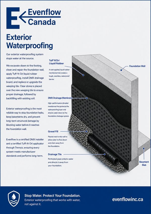 Diagram showing Evenflow Canada's exterior waterproofing system with labeled layers and components.