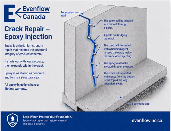 Diagram showing epoxy injection crack repair in a concrete foundation wall.