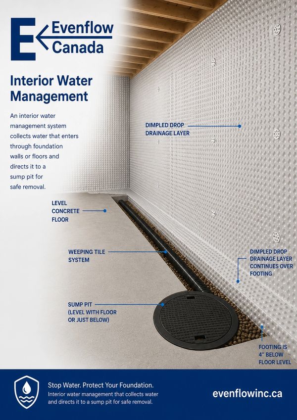 Diagram of Evenflow Canada's interior water management system for foundation drainage and sump pit removal.