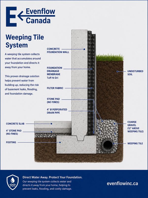 Diagram of Evenflow Canada's Weeping Tile System for foundation drainage.