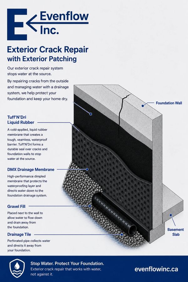 Diagram explaining Evenflow Inc.'s exterior crack repair system for foundation protection.