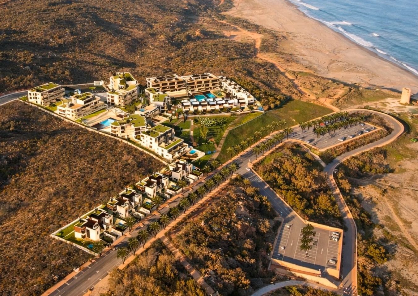 Aerial view of Paraiso Beach, Torrenueva-Alcaidesa. Costa del Sol, Beachfront, sea view.