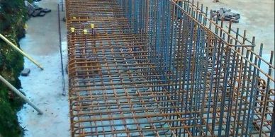 Steel rebar framework for concrete foundation.