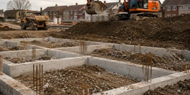 Construction site with foundation work and heavy machinery.