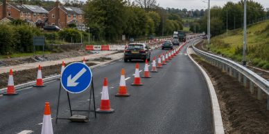 Roadworks with traffic cones directing traffic to the left.