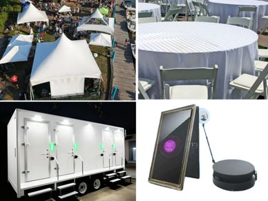 Outdoor event tents, tables, portable restrooms, and a digital device setup.