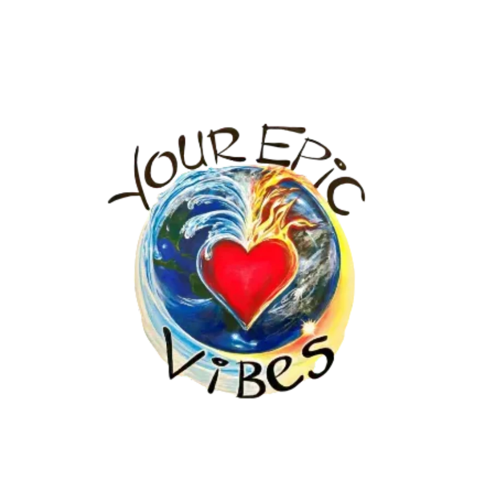 Heart with fire and water on Earth, saying Your Epic Vibes.