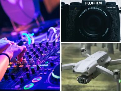 DJ mixing music, a Fujifilm camera, and a drone captured in one image.