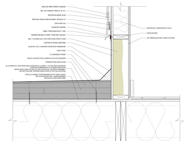 Construction detail development for an existing flat roof to wall assembly with an adhered membrane