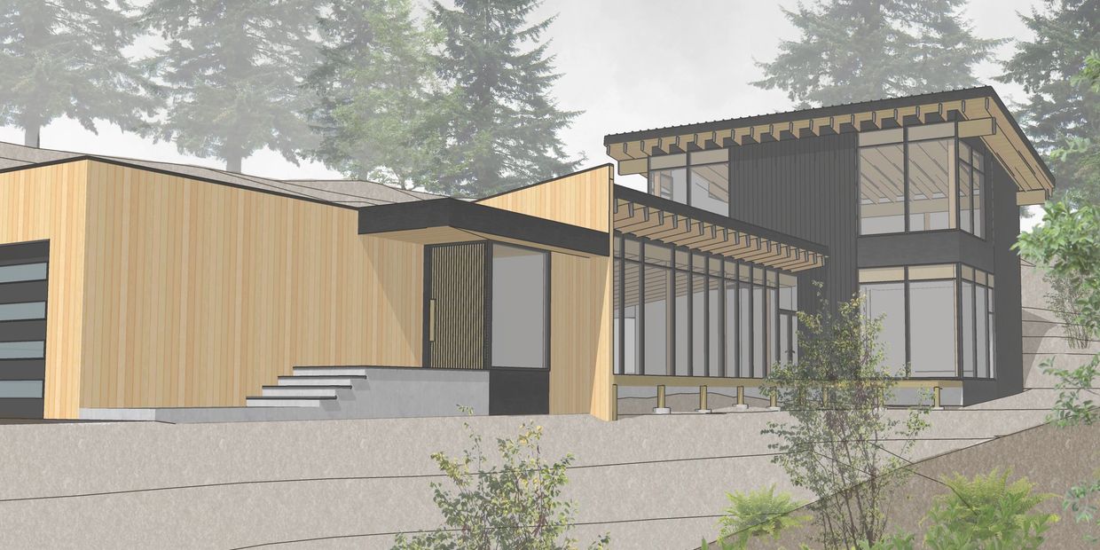 A modern custom home in SW Portland inspired by japanese architecture with cedar cladding in forest