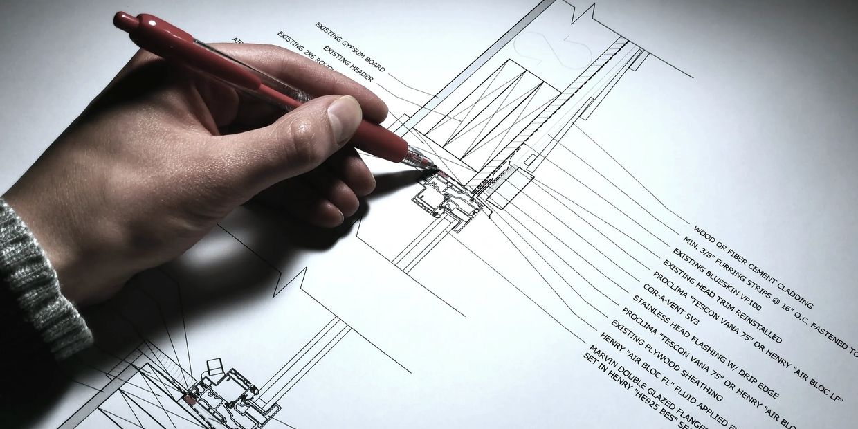 Reviewing an window head and window sill detail for air sealing, water management and waterproofing