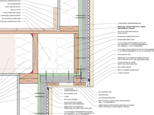 Construction detail for a stucco wall to soffit transition using a dimple mat and rigid insulation