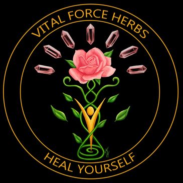A vibrant logo featuring a rose, crystals, and the text 'Vital Force Herbs Heal Yourself'.