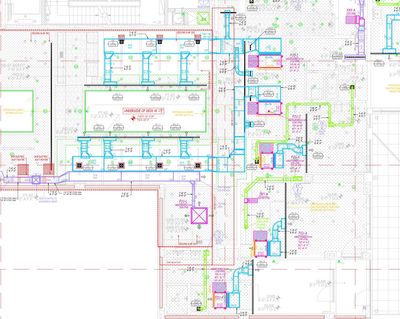 Detailed architectural floor plan with color-coded sections and annotations.