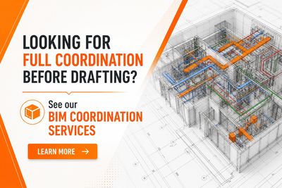 3D BIM coordination model showing mechanical, electrical, and plumbing systems integrated before con