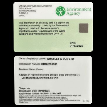 Fully licensed waste carrier CBDU599006 – Whatley & Son Removals, Sheffield clearance specialists