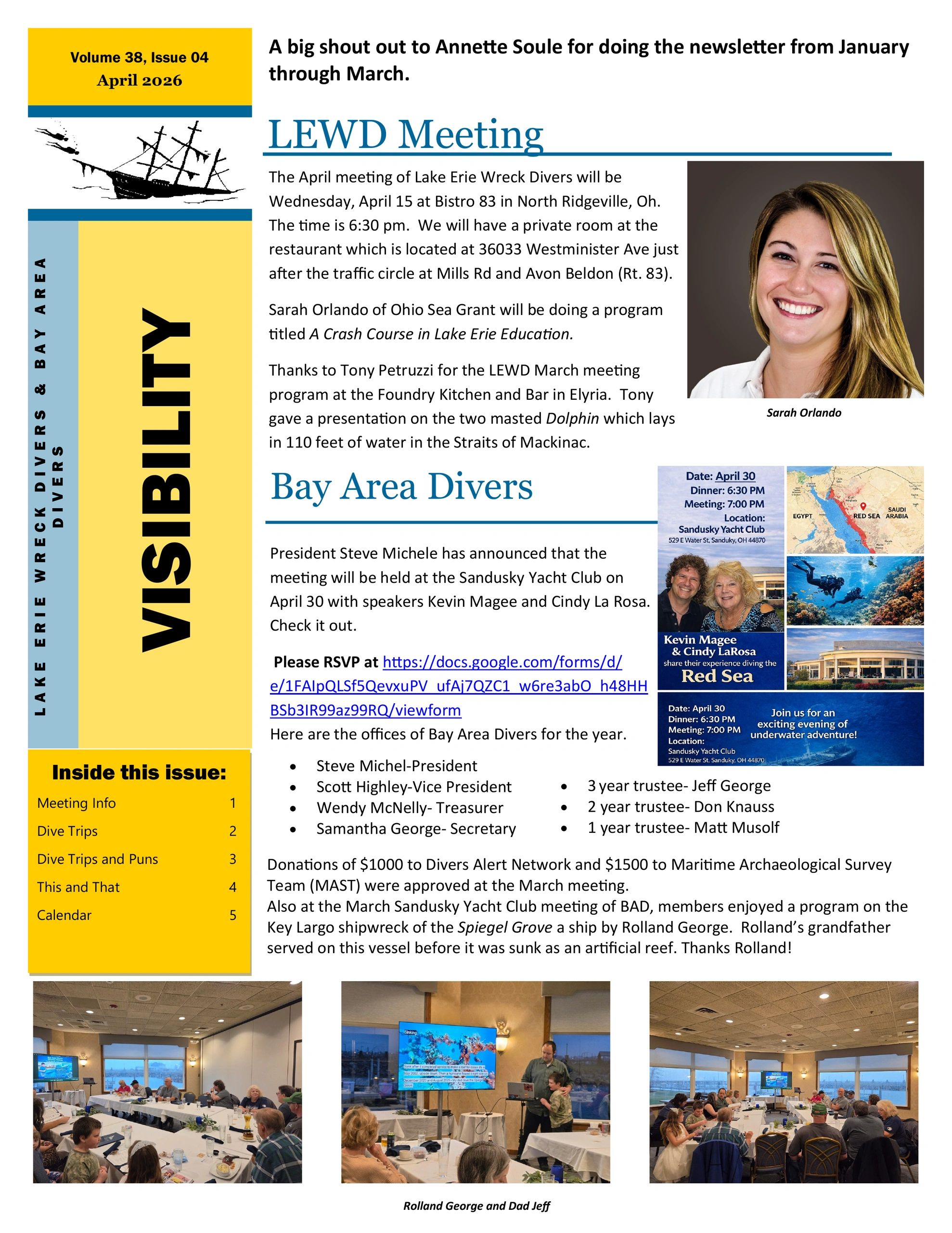 Newsletter details Lake Erie Wreck Divers April meetings and Bay Area Divers updates with photos.