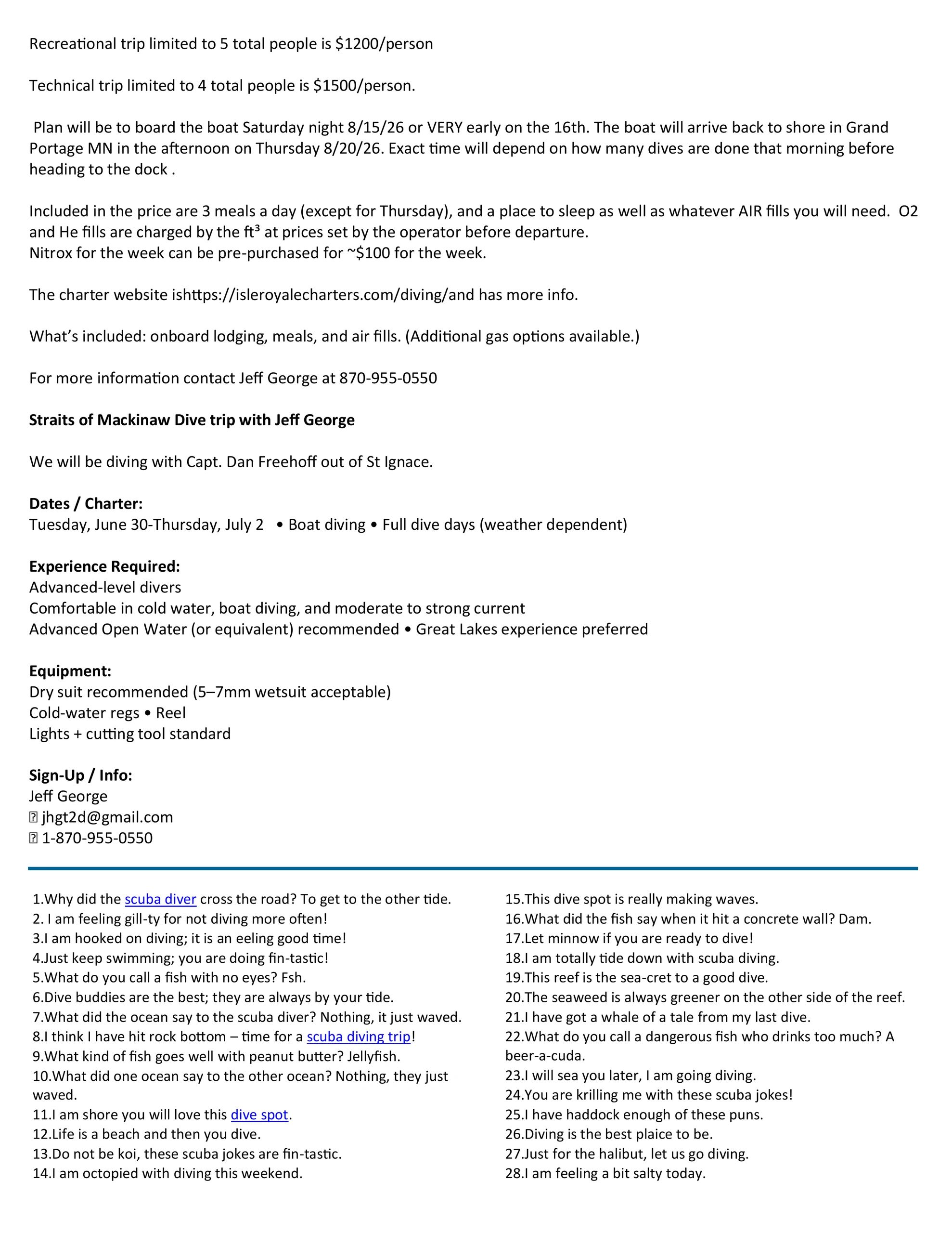 Diving trip details, contact info, and scuba jokes.