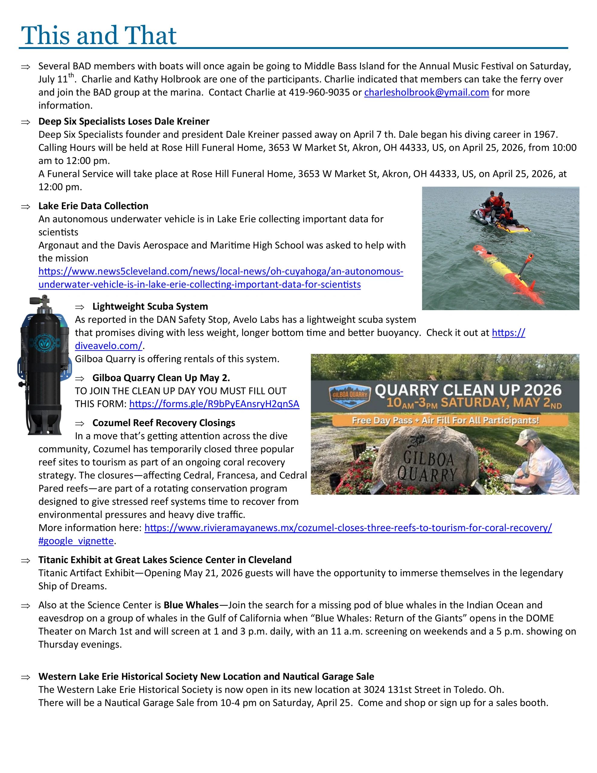 Newsletter with dive news, events, and conservation updates including Gilboa Quarry Cleanup and Cozumel reef closures.