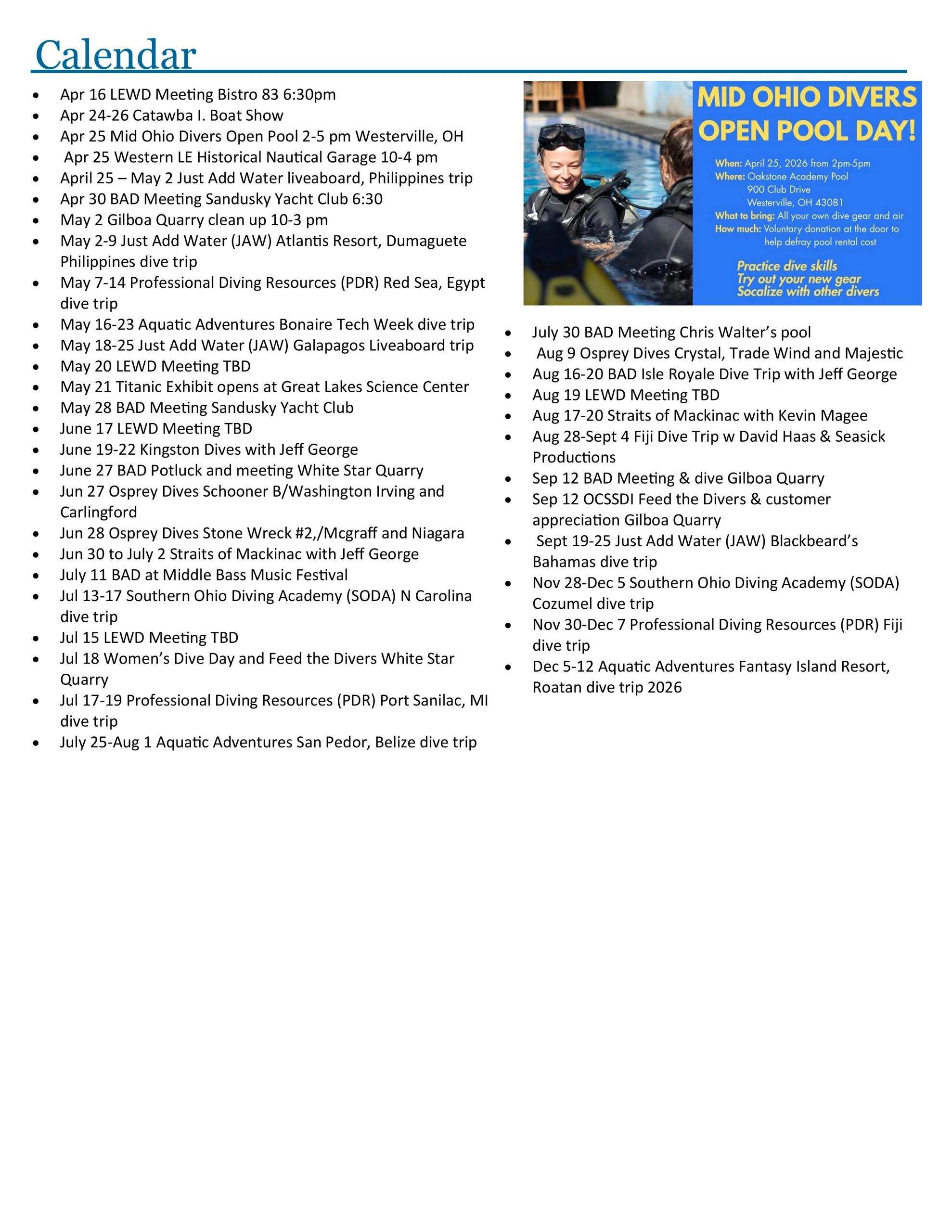 Diving and aquatic events calendar with highlighted Mid Ohio Divers Open Pool Day on April 25, 2026.