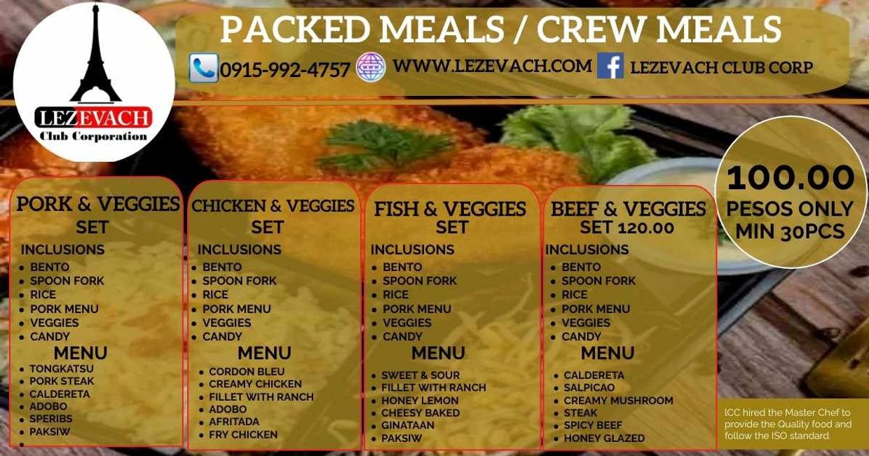 Packed meals menu offering pork, chicken, fish, and beef sets with veggies for 100-120 pesos.