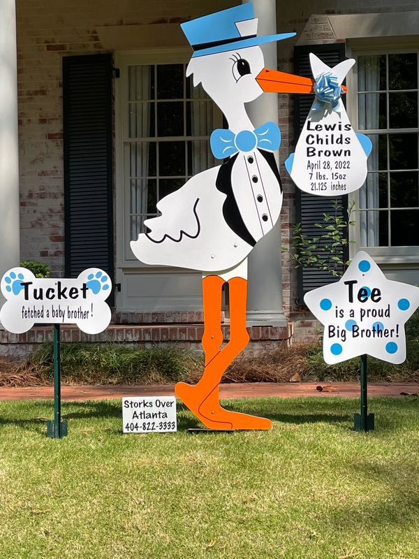 Stork yard signs used to announce the arrival of a new baby. 