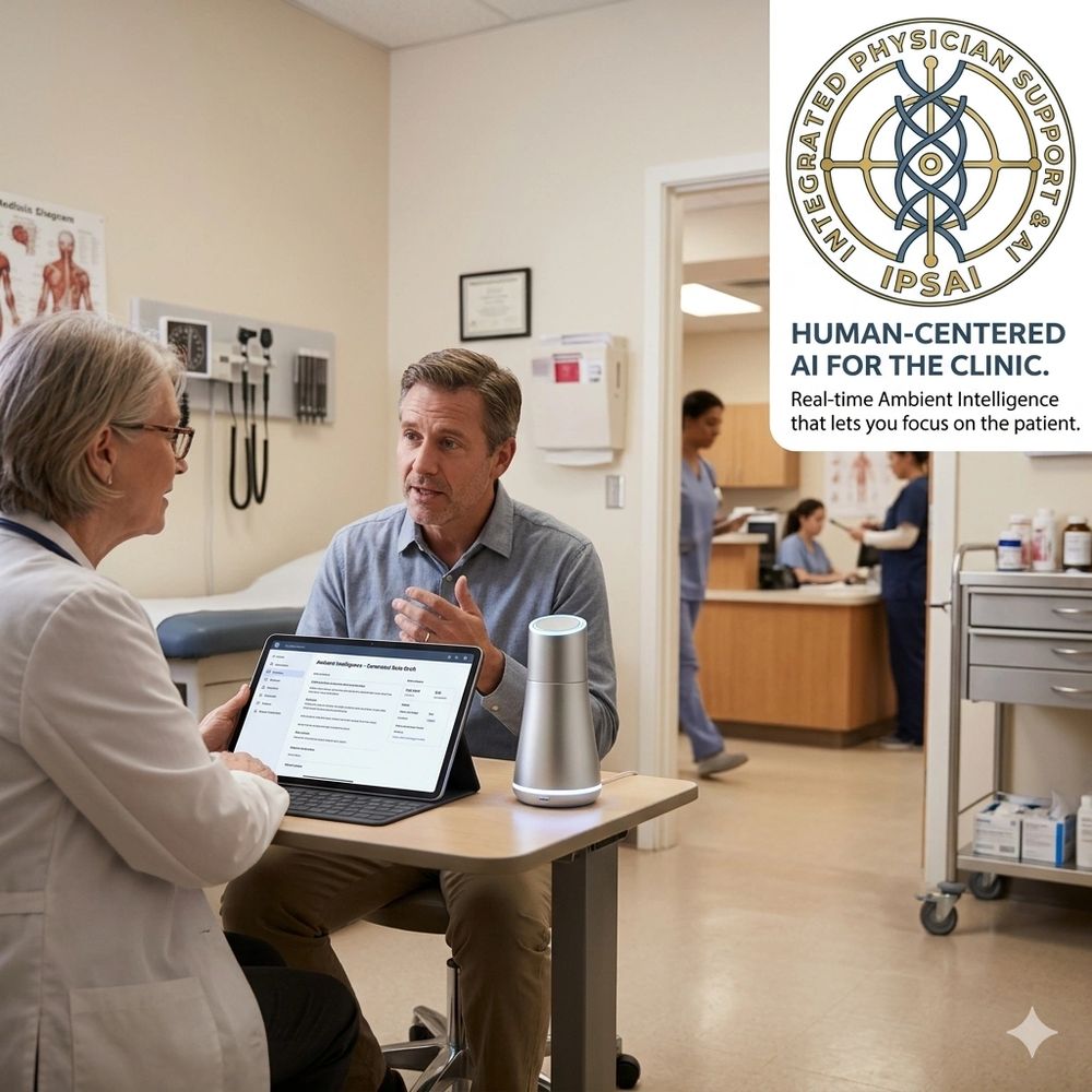 Doctor consulting a patient using AI-powered technology in a clinic setting.
