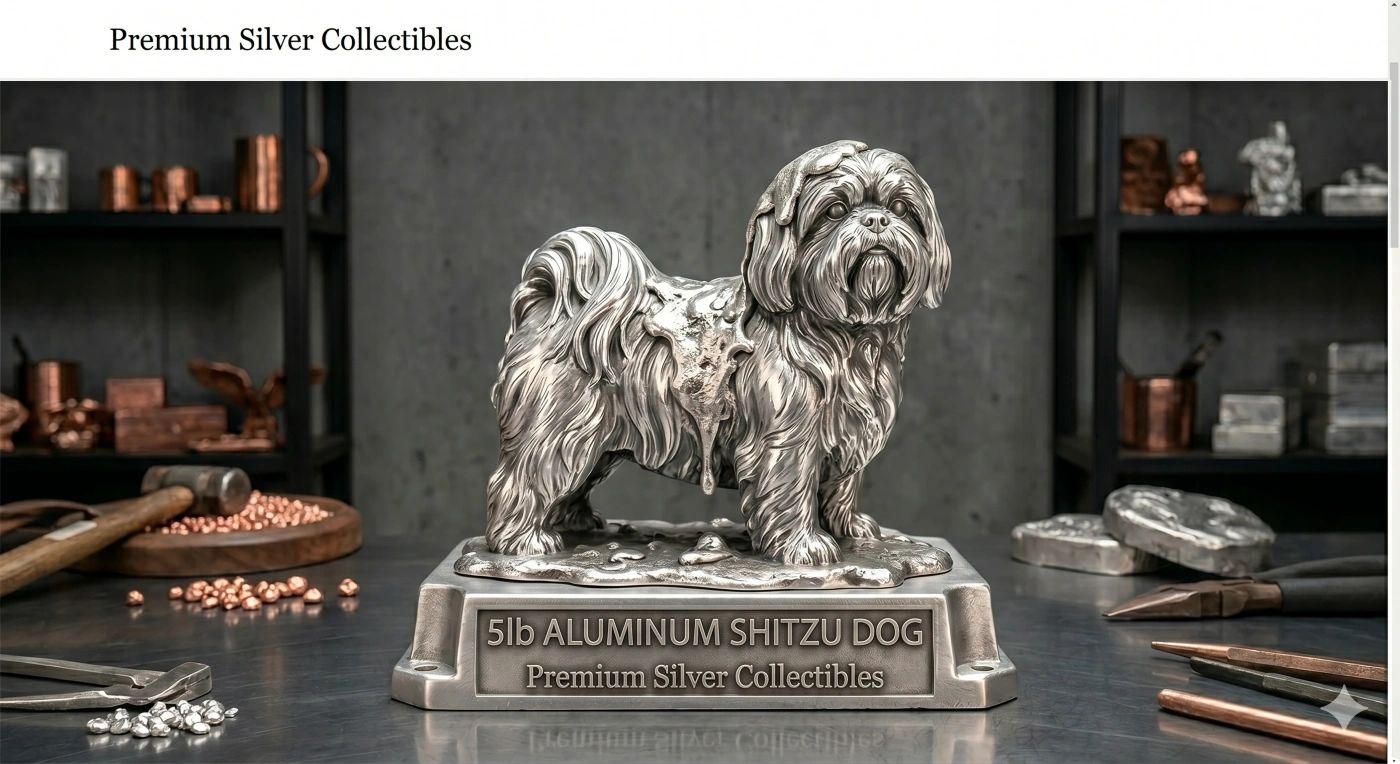 Intricate silver statue of a Shih Tzu dog with detailed fur and a dripping aluminum effect.