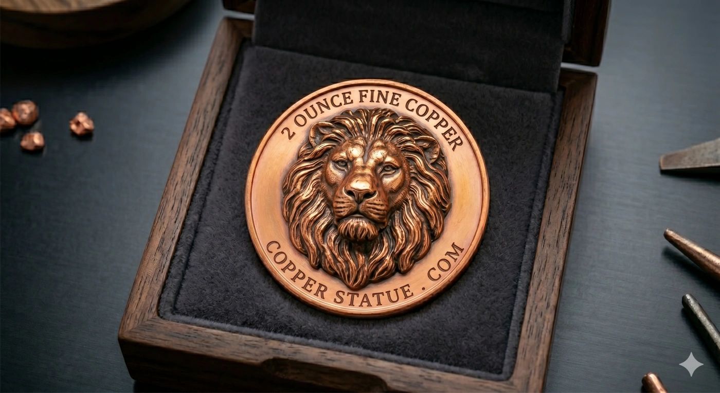 Copper coin with a lion's head in a wooden box.