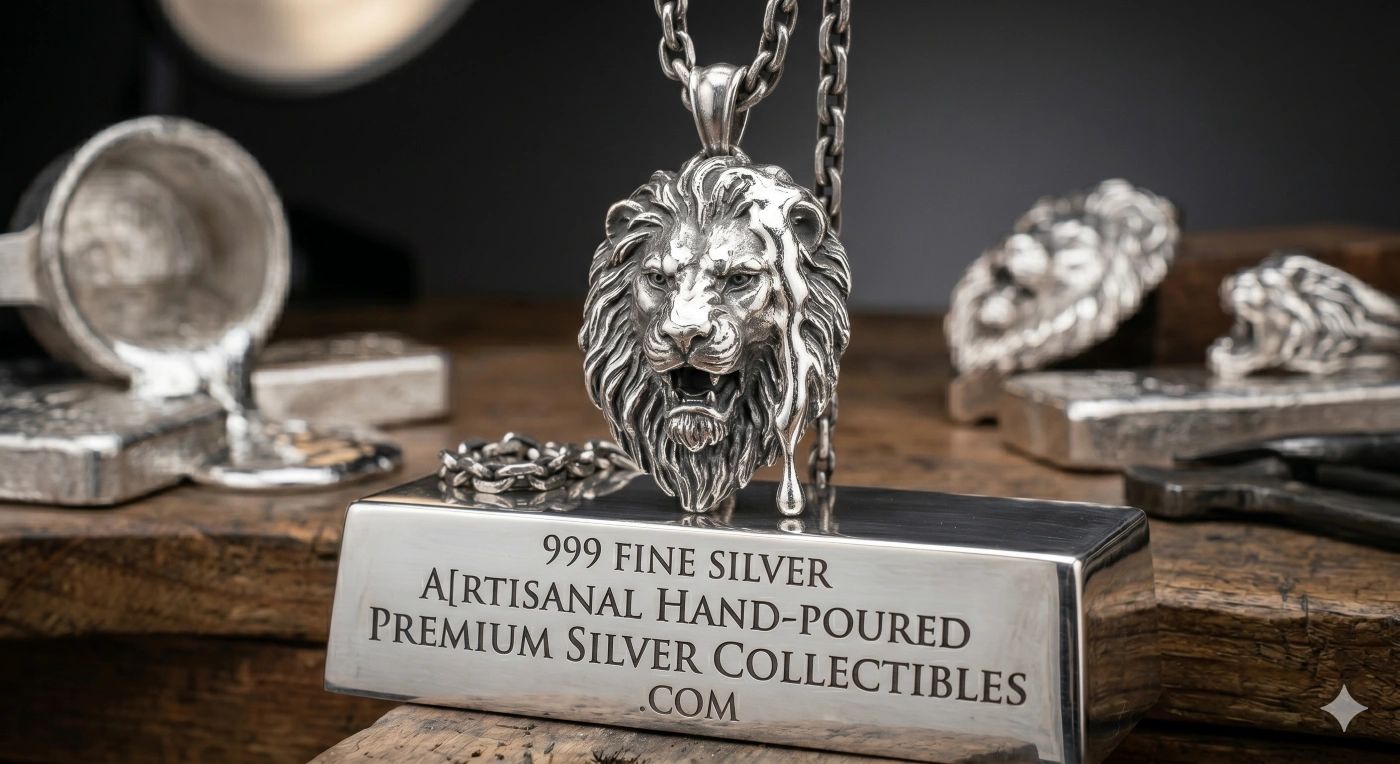Detailed silver lion pendant displayed on a silver bar with artisan branding.