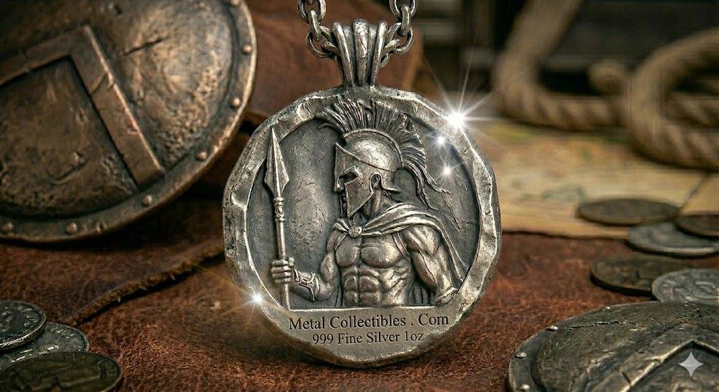 A silver pendant featuring a Spartan warrior with a spear and helmet.