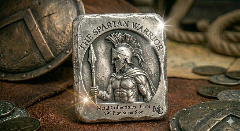 A silver collectible bar featuring a Spartan warrior design.