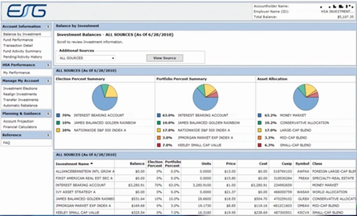 Investment portfolio summary with pie charts and detailed balance information as of June 28, 2010.
