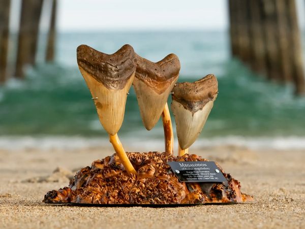 A hand-crafted megalodon tooth display on a beach under a fishing pier.