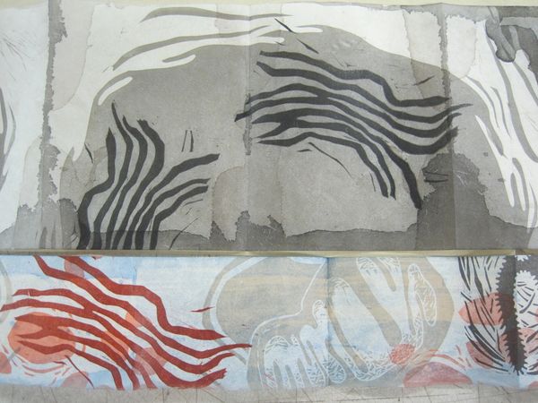 Printmaking: relief print collage, toned Japanese paper, beeswax, transparency, scroll, accordion.